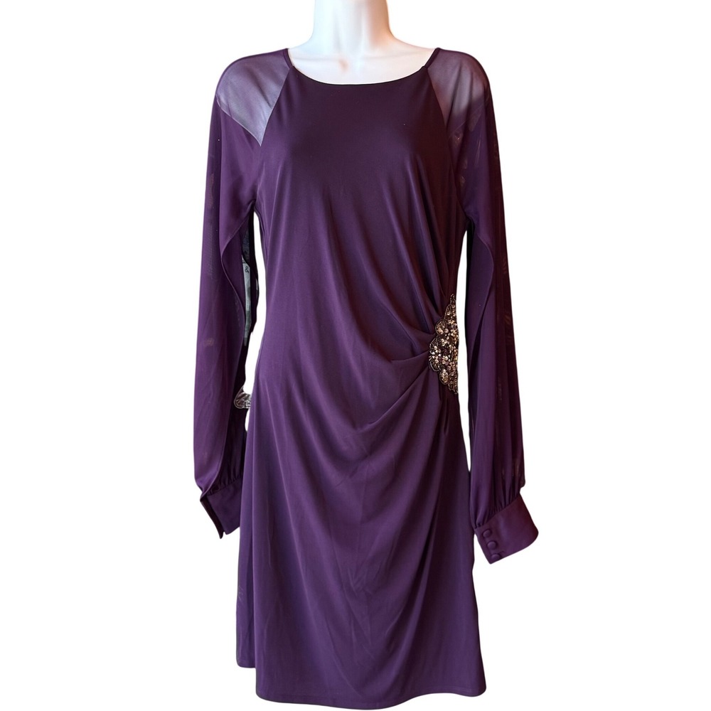 Eliza J Eggplant Purple Cocktail Dress Sheer Sleeve Embellished Size 4 NWT